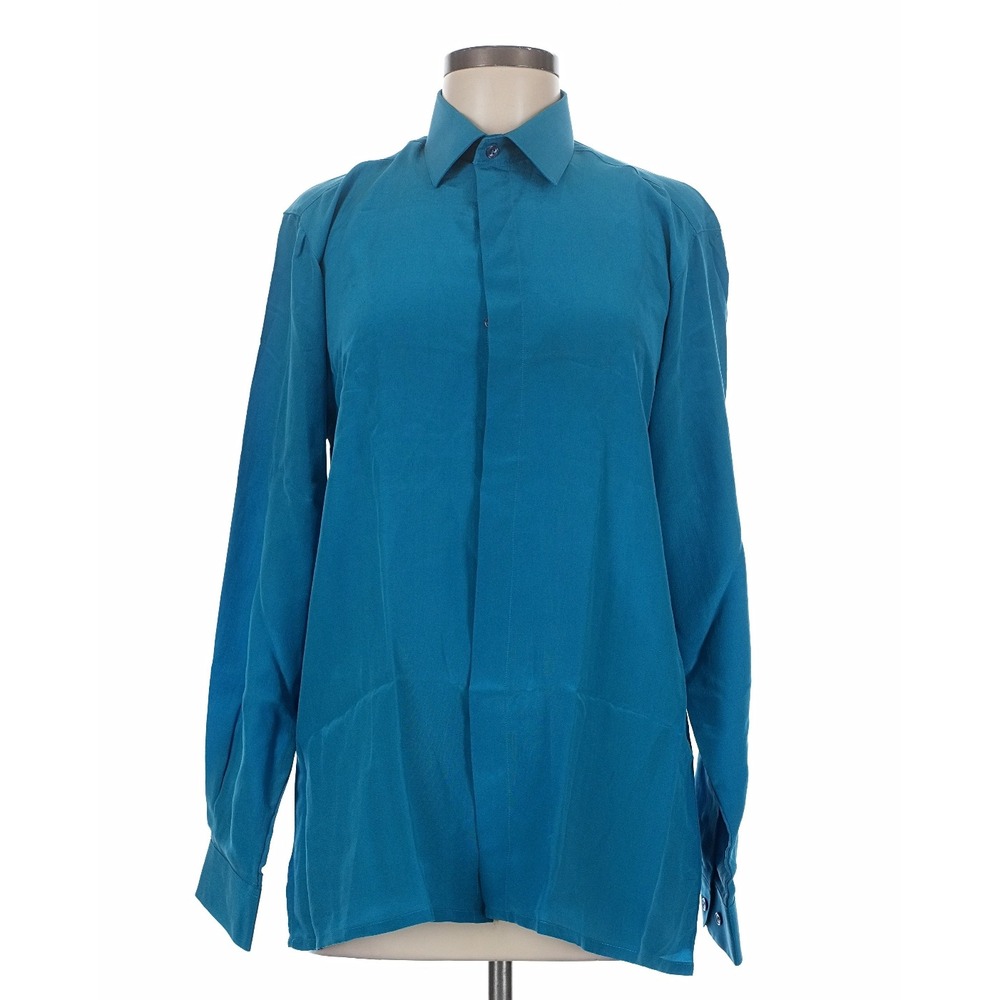 Georgio Gentelli Blouse Women Medium Teal Excellent Pure Silk Vintage ButtonDown
